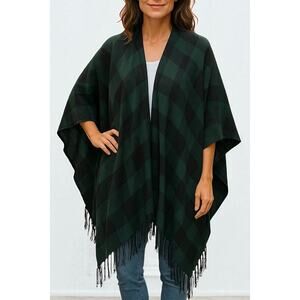 2/$30 Cato Buffalo Plaid Fringe Kimono Wrap Green Black Poncho Sweater One Size
